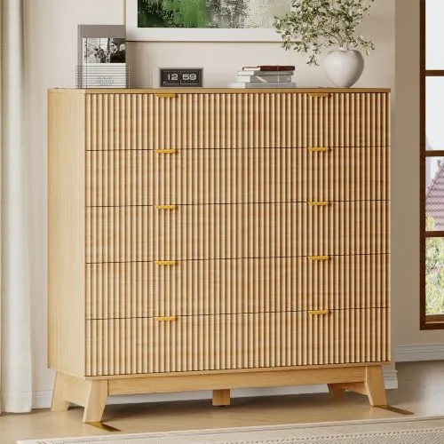Fluted Tall 10-Drawer Dresser, 47.2 in Wide, Natural