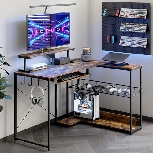 L-Shaped Desk with Charging Station, 46.2 in Wide, Brown