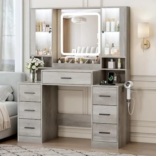 7-Drawer Vanity Desk with Lighted Mirror, 55.1 in Wide, Grey