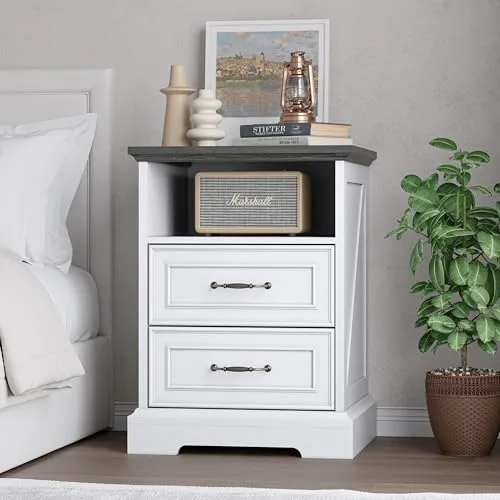 2-Drawer Nightstand with Charging Station, 17.7 in Wide, FSC Wood, White