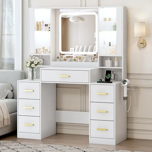 7-Drawer Vanity Desk with Lighted Mirror, 55.1 in Wide, White