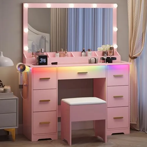 7-Drawer Vanity Desk with Lighted Mirror, 43.7 in Wide, Pink