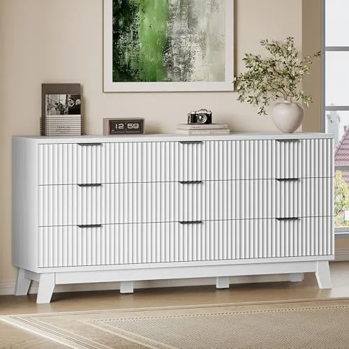 Fluted Wide 9-Drawer Dresser, 63 in Wide, White