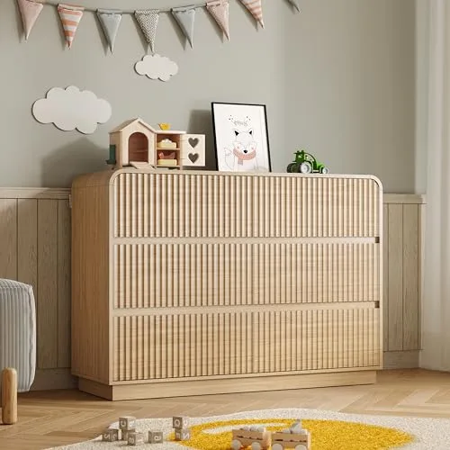 Fluted 6-Drawer Dresser, 47.2 in Wide, Oak