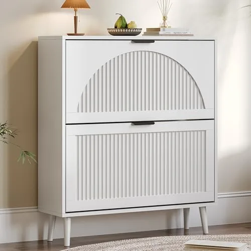 Fluted Slim 2-Flip Shoe Cabinet, 35.8 in Tall, White