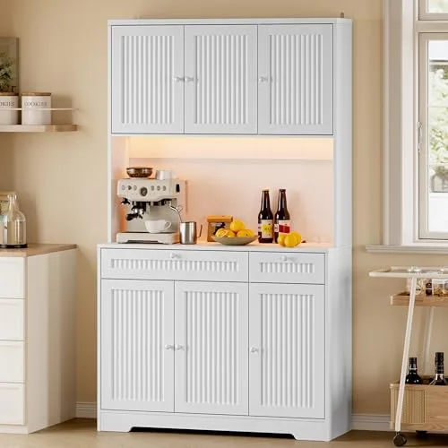Fluted Tall Pantry Cabinet with Charging Station, 70.3 in Tall, White