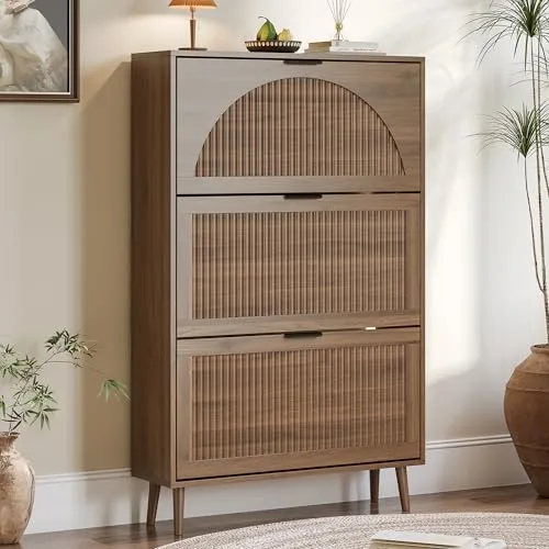 Fluted Slim 3-Flip Shoe Cabinet, 50.4 in Tall, Walnut