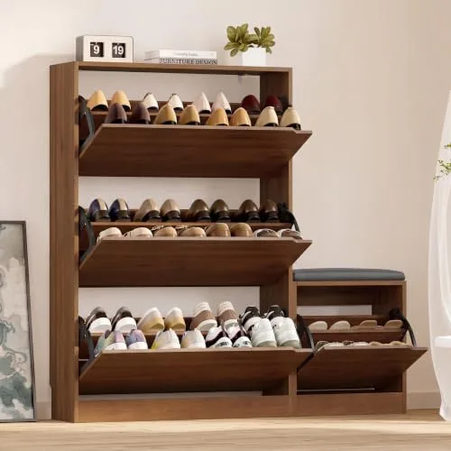 Slim 3-Flip Shoe Cabinet with Bench, 47.2 in Tall, Walnut