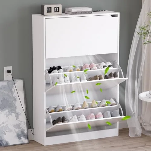 Slim 3-Drawer Shoe Cabinet with Odor Control, 47.2 in Tall, White