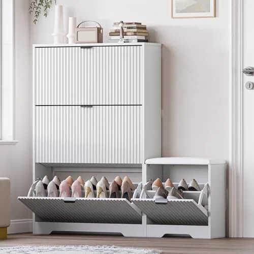 Fluted Slim 3-Drawer Shoe Cabinet with Bench, 47.8 in Tall, White