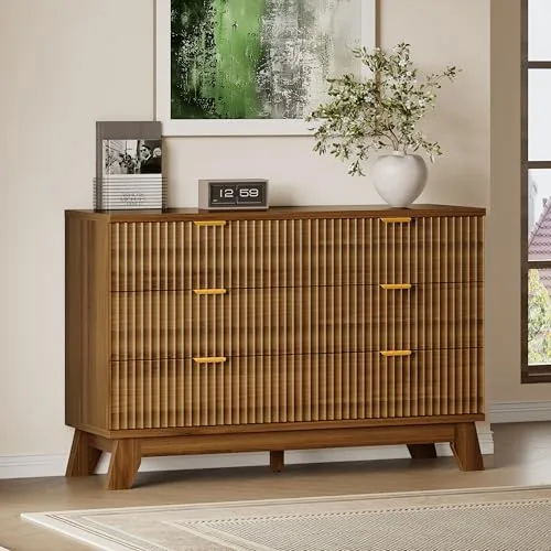 Fluted Boho 6-Drawer Dresser, 47.2 in Wide, Walnut