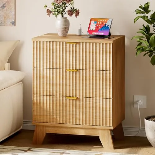 Fluted 3-Drawer Nightstand with Charging Station, 23.6 in Wide, Natural