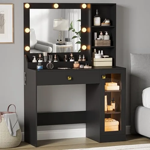 Vanity Desk with Lighted Mirror, 43.7 in Wide, Black