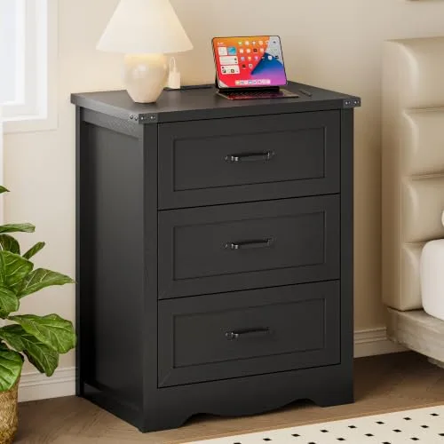 Curved Nightstand with Charging Station, 23.6 in Wide, Black