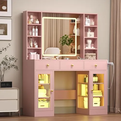 3-Drawer Vanity Desk with Lighted Mirror, 43.4 in Wide, Pink