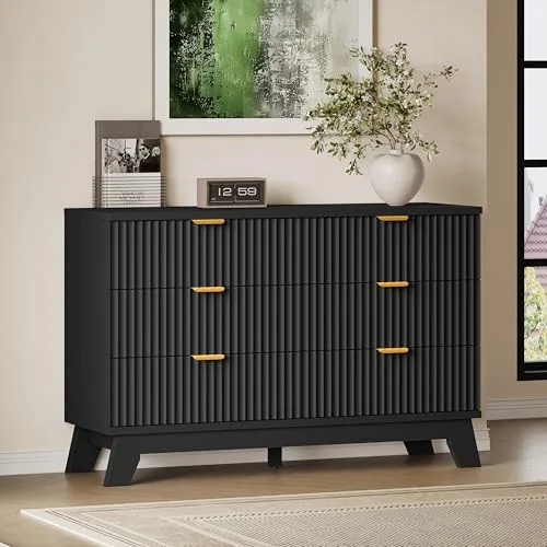 Fluted Boho 6-Drawer Dresser, 47.2 in Wide, Black