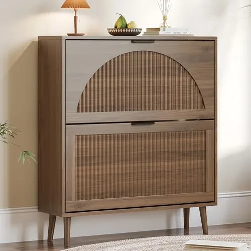 Fluted Slim 2-Flip Shoe Cabinet, 35.8 in Tall, Walnut