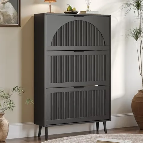 Fluted Slim 3-Flip Shoe Cabinet, 50.4 in Tall, Black