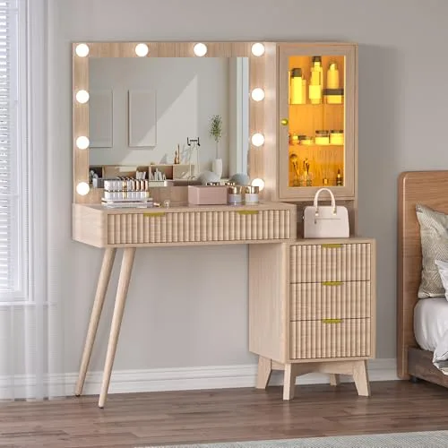 Fluted 5-Drawer Vanity Desk with Lighted Mirror, 44.8 in Wide, Oak
