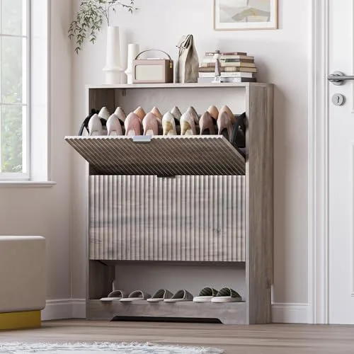 Fluted 2-Flip Shoe Cabinet, 40 in Tall, Wood