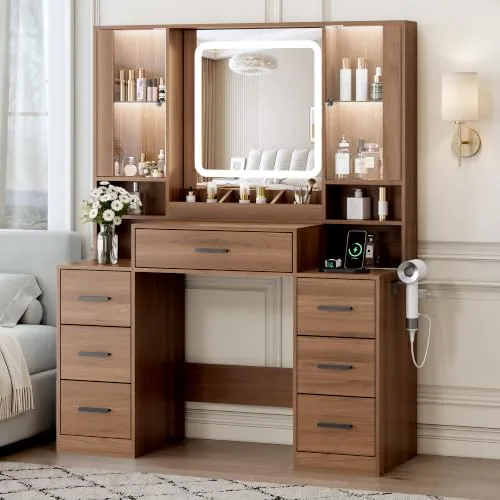 7-Drawer Vanity Desk with Lighted Mirror, 55.1 in Wide, Walnut