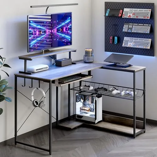 L-Shaped Desk with Charging Station, 46.2 in Wide, Grey
