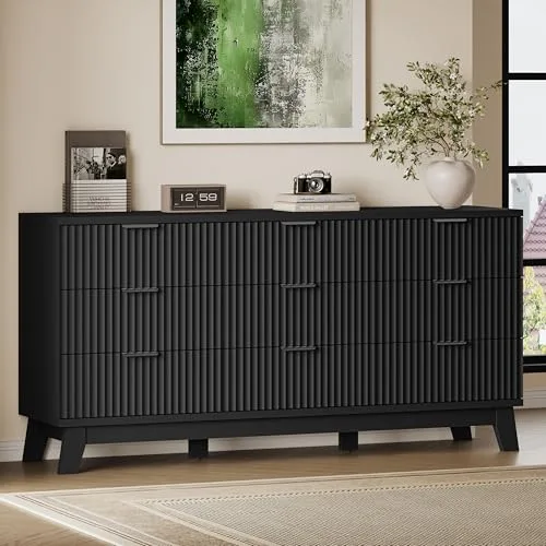 Fluted Wide 9-Drawer Dresser, 63 in Wide, Black