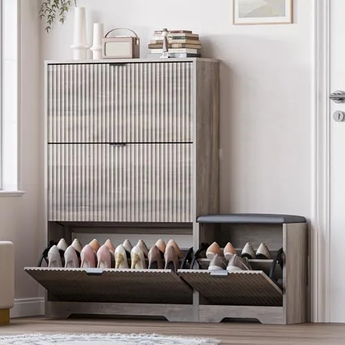 Fluted Slim 3-Drawer Shoe Cabinet with Bench, 47.8 in Tall, Wood