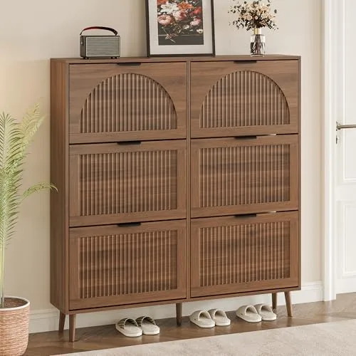 Fluted Slim 6-Flip Shoe Cabinet, 50.4 in Tall, Walnut