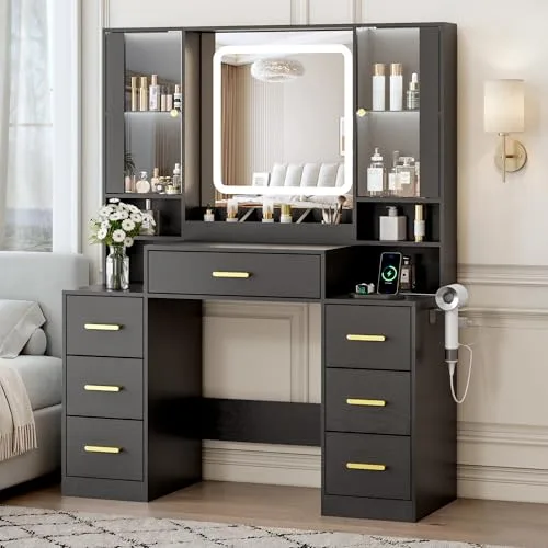 7-Drawer Vanity Desk with Lighted Mirror, 43.3 in Wide, Black