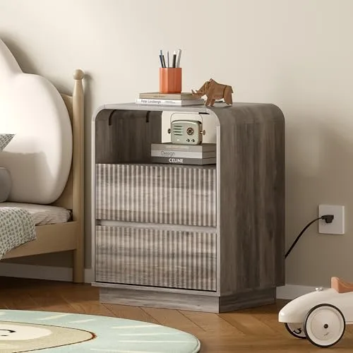 Fluted 2-Drawer Nightstand with Charging Station, 21.7 in Wide, Wood