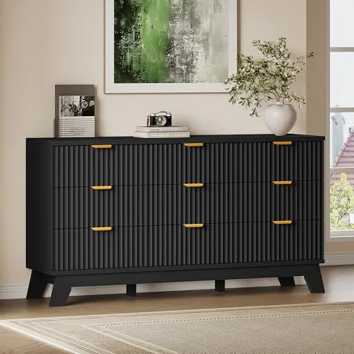 Fluted Boho 9-Drawer Dresser, 57.1 in Wide, Black