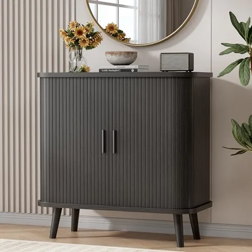 Fluted Sideboard with Sliding Doors, 31.5 in Wide, Black
