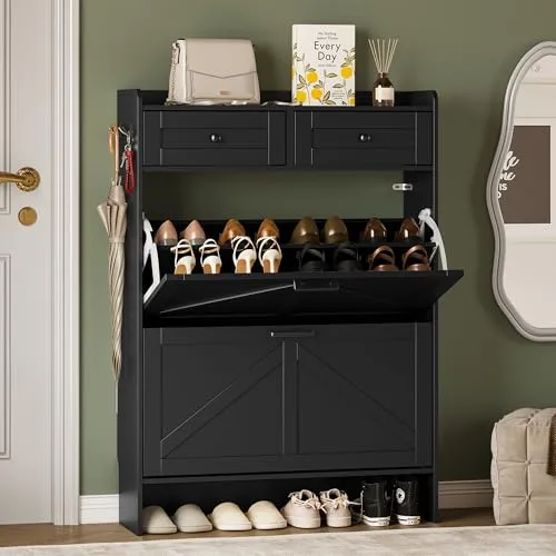 Farmhouse Slim 2-Flip Shoe Cabinet, 42.7 in Tall, Black