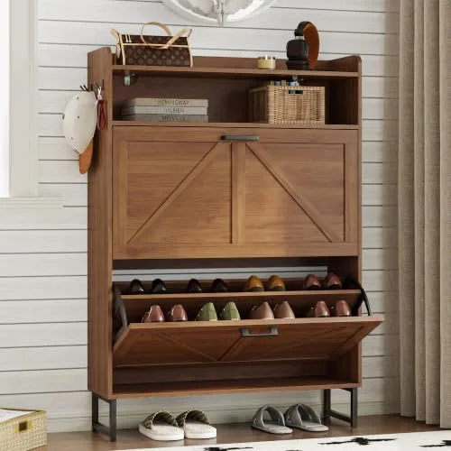 Slim 2-Flip Shoe Cabinet, 44.7 in Tall, Walnut