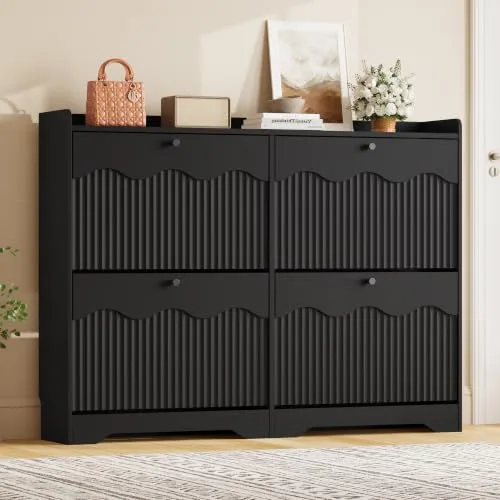 Fluted Slim 4-Flip Shoe Cabinet, 35.4 in Tall, Black