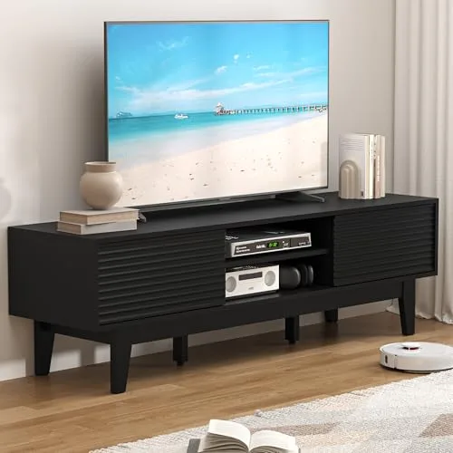 Fluted TV Stand with Sliding Doors, 59.1 in Wide, Black