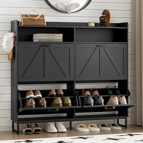 Slim 4-Flip Shoe Cabinet, 43.7 in Tall, Black