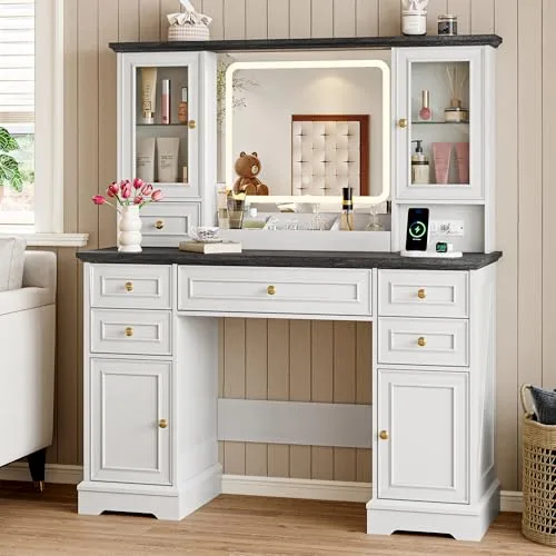Farmhouse 6-Drawer Vanity Desk with Lighted Mirror, 43.2 in Wide, White