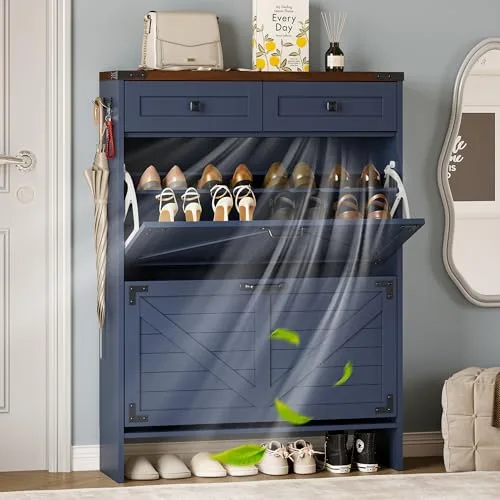 Farmhouse Slim 2-Flip Shoe Cabinet with Odor Control, 43.1 in Tall, Blue
