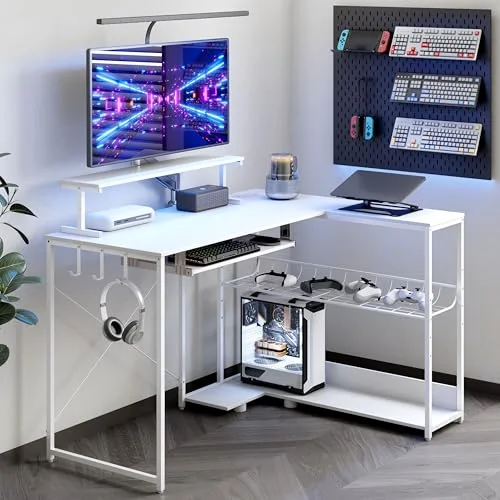 L-Shaped Desk with Charging Station, 46.2 in Wide, White