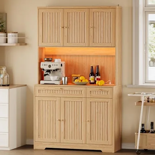 Fluted Tall Pantry Cabinet with Charging Station, 70.3 in Tall, Oak