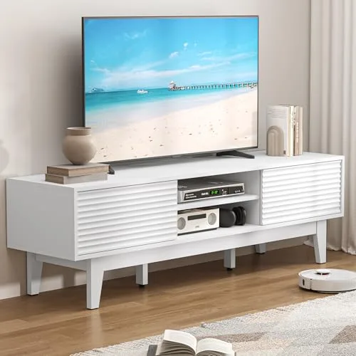 Fluted TV Stand with Sliding Doors, 59.1 in Wide, White